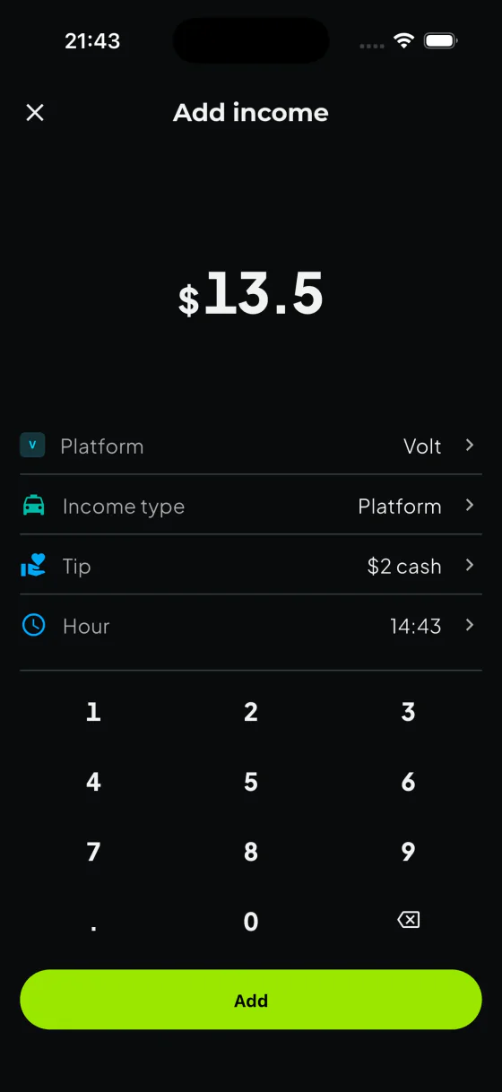CarGain income entry with fare, tip and platform fields