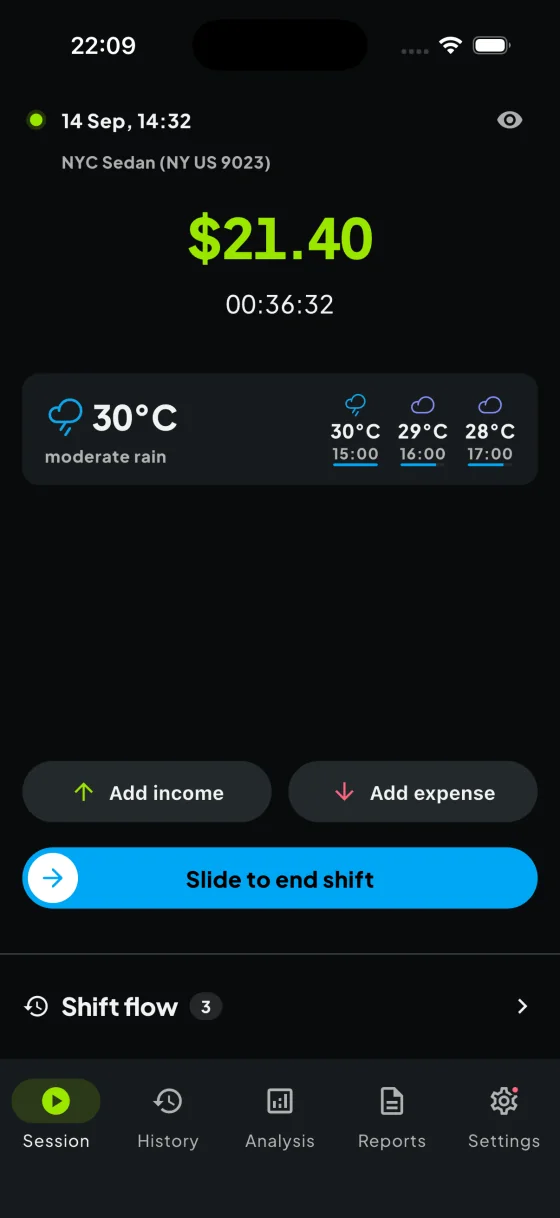 CarGain home screen with the selected vehicle and start-session control