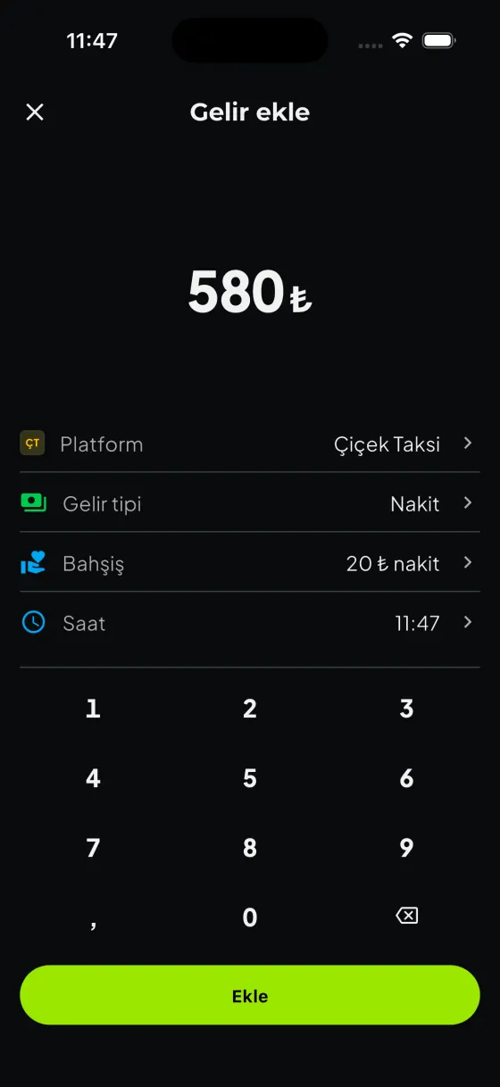 CarGain gelir ekleme ekranında tutar, bahşiş ve platform alanları
